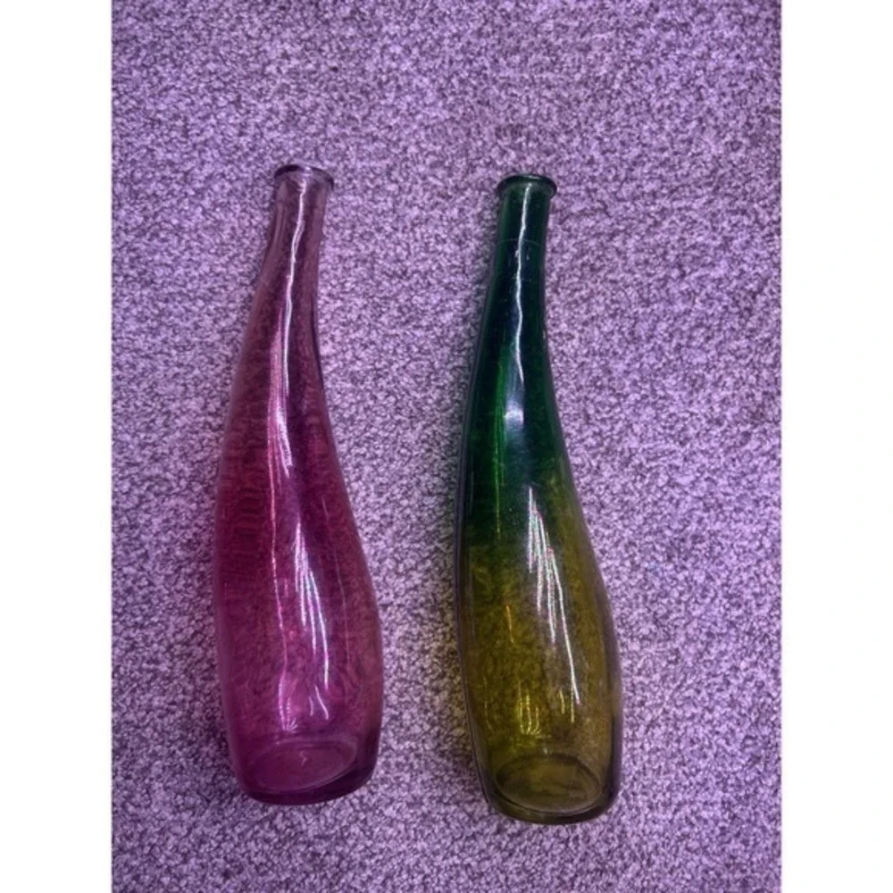 PAIR 2pc Long Flute Glass Vases Pink Green Craft Birthday Spring Colorful Tinted